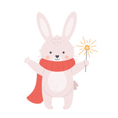 Cute white bunny in scarf with bengal fire. New Year and Merry Christmas greeting card. Year of the rabbit. Hand drawn vector illustration