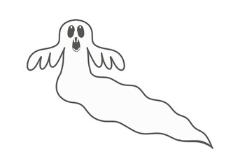 Ghost in white color, evil character for Halloween decoration, drawing on a transparent background, for printing and design