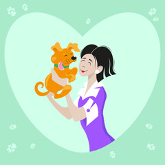 Young Asian girl hugging her beloved ginger puppy in a heart-shaped frame on a light green background