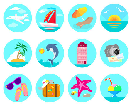 Set of 12 round flat icons on a blue background with summer vacation attributes
