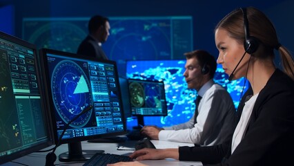 Workplace of the air traffic controllers in the control tower. Team of professional aircraft control officers works using radar, computer navigation and digital maps. Aviation concept. © Acronym