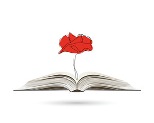 Continuous line drawing of poppy flowers on an open book. Abstract minimal poppy.