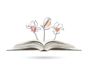 Continuous line drawing of magnolia flowers on an open book. Abstract minimal poppy