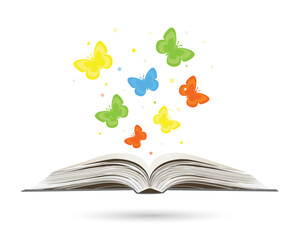 Open book with butterflies flying from