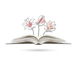 Continuous line drawing of magnolia flowers on an open book. Abstract minimal poppy