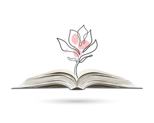 Continuous line drawing of magnolia flowers on an open book. Abstract minimal poppy