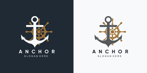 anchor marine and ship wheel icon logo design template with creative element
