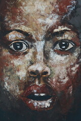 Obraz premium Portrait of a girl - painting with acrylic. Abstract portrait of a beautiful emotional girl. Conceptual abstract multicolor close up handmade acrylic drawing on canvas