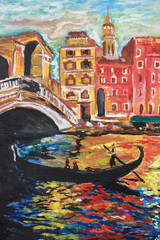 Colorful bright landscape of the city. Colorful houses near the river with a gondola. Modern acrylic painting © Yurii