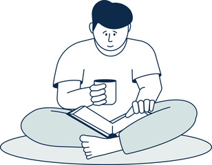 Cozy home reading. Young man with hot drink