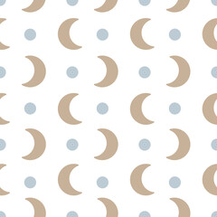 Fototapeta na wymiar Abstract seamless pattern with simple doodle hand drawn moon shapes. Nursery pastel coloured wallpaper design.