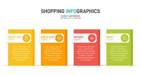 Concept of shopping process with 4 successive steps. Four colorful graphic elements. Timeline design for brochure, presentation, web site. Infographic design layout.
