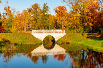 Bridge in Alexander park in autumn, Pushkin (Tsarskoe Selo), Saint Petersburg, Russia