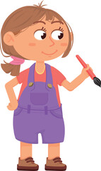 Painting kid charcater. Pretty girl artist with brush
