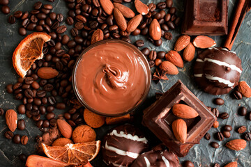 chocolate, sweets on a dark background