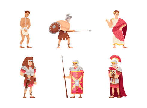 Romans Man in Traditional Ethnic Clothing with Warrior and Emperor Vector Illustration Set