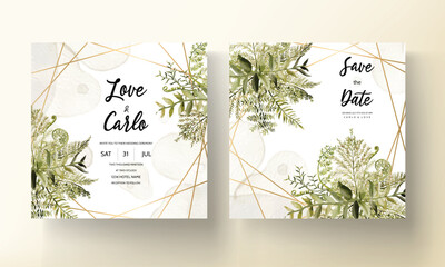 wedding invitation card template with watercolor leaves