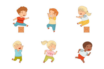 Cute Kids Running and Rushing at Full Speed Vector Set