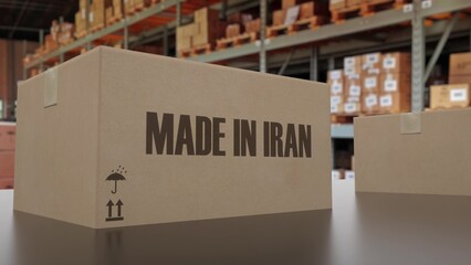 Boxes with MADE IN IRAN text on conveyor. 3d illustration