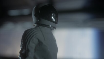 Astronaut walking in futuristic spaceship, sci-fi shuttle corridor. 3d illustration