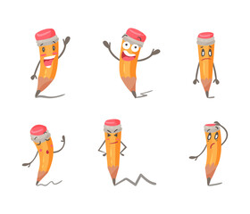 Funny Pencil as Office Supply Humanized Character Feeling Different Emotion Vector Set