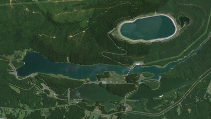 pumped storage hydropower plant, upper reservoir, lower reservoir and river, looking down aerial...