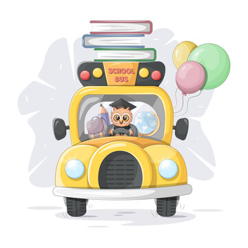 Smart owl driving a school bus, with balloons and school supplies