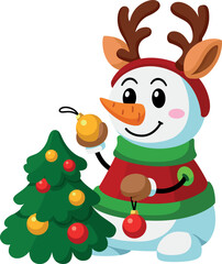 Snowman decorating christmas tree. Funny cartoon character