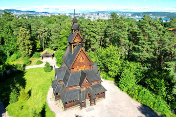 Wooden church “Gol Stave stavkyrkje” in the city of Oslo in Norway Europe on the island aerial view
