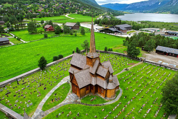 Wooden church in Lom stavkyrkje church in Norway Europe aerial view