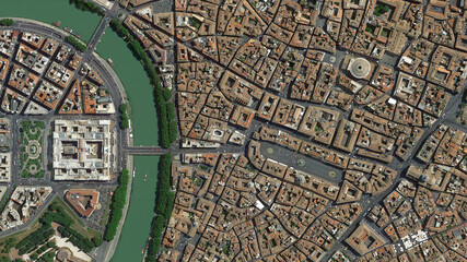 City of Rome and tiber river looking down aerial view from above – Bird’s eye view Rome, Italy - obrazy, fototapety, plakaty