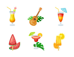 Tropical Party Object with Refreshing Cocktail in Glass, Hawaiian Guitar and Ice Cream Vector Set