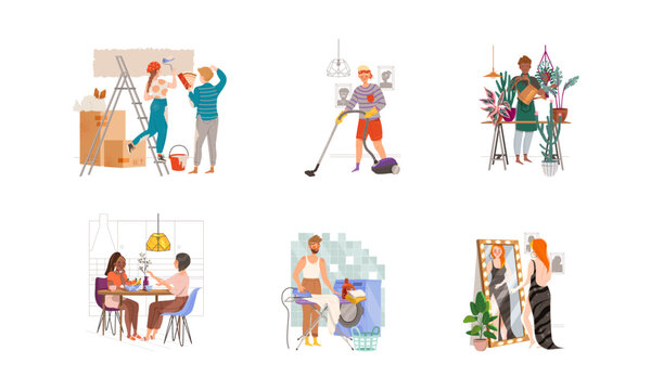 People Character Spending Weekend at Home Vector Illustration Set