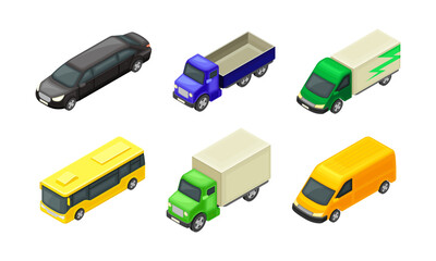 Urban Transport and Street Vehicle with Bus, Truck and Motor Car Isometric Vector Set