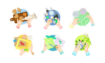 Top view of hands creating diy crafts set vector illustration