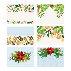Christmas templates for greeting card set. Happy New Year cards, banners with fir tree branches, poinsettia flowers and gingerbreads vector illustration