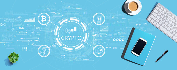 Crypto Trading theme with a computer keyboard and office items