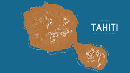 Topographic map of Tahiti, Society Islands, French Polynesia, Pacific Ocean. Vector detailed elevation map of island. Geographic elegant landscape outline poster. - obrazy, fototapety, plakaty