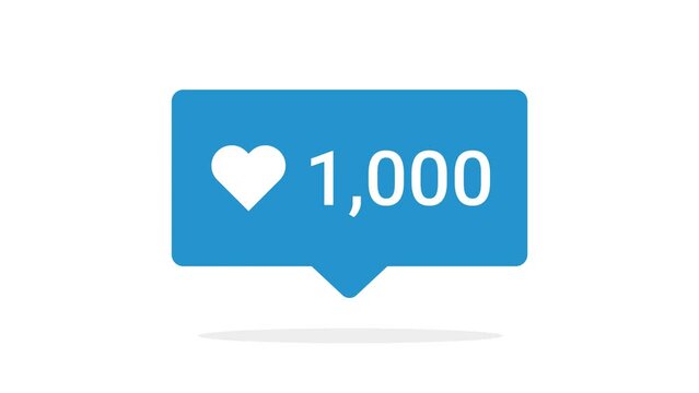 Social media likes animation - Number hitting 1000, in blue shape with heart symbol