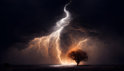 Gewitter mit einem großen Blitz am Himmel und einem Baum
