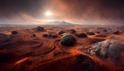 Marslandschaft mit großen Steinen und Hügeln