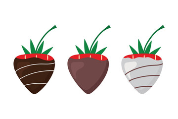 Set of chocolate strawberries isolated on white background. Sweet vector illustration