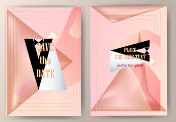 Set of abstract pink wedding invitation cards with the bride and groom