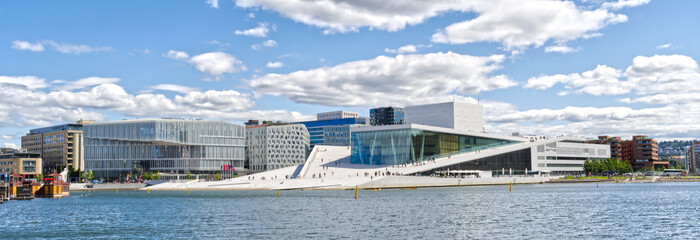 Oslo panorama extra wide including the bay and the opera house Norway Europe - 522592599