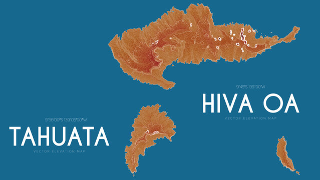 Topographic map of Hiva Oa and Tahuata, Marquesas Islands, French Polynesia, Pacific Ocean. Vector detailed elevation map of island. Geographic elegant landscape outline poster.