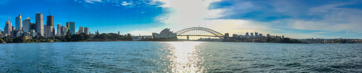Sydney, Australia. Panoramic 360 degrees view of Sydney Harbour from Mrs Macquaries Point on a sunny day