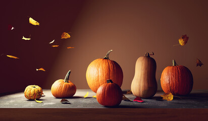 Autumn pumpkins - Harvest and Thanksgiving theme - 3d render - obrazy, fototapety, plakaty