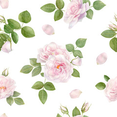 Hand drawn watercolor seamless pattern with pink rose flowers.