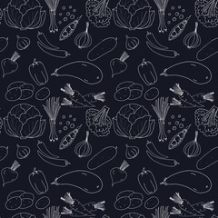 Fresh vegetables. Hand drawn illustration frame with vegetables. Farm market product. Great healthy food design template with vegetables on chalkboard. Great for design menu, recipes, poster