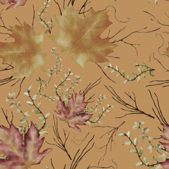 Watercolor boho leaves semaless pattern design